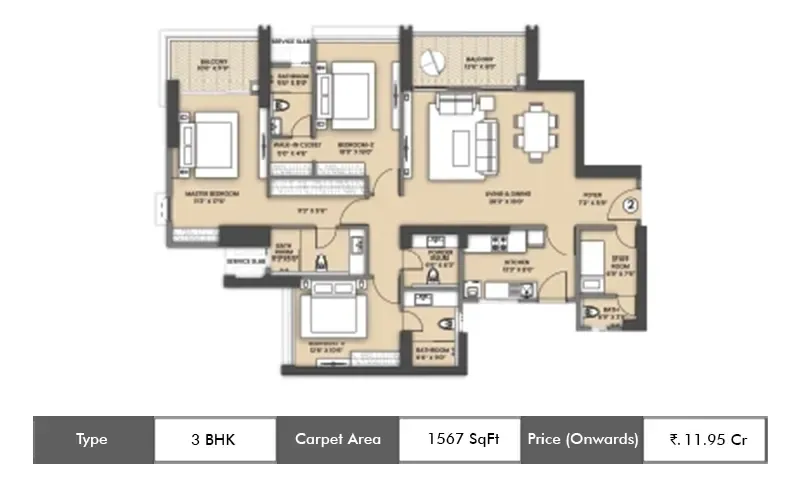 Sheth One Marina 3 BHK floor plan, 1567 sq ft carpet area